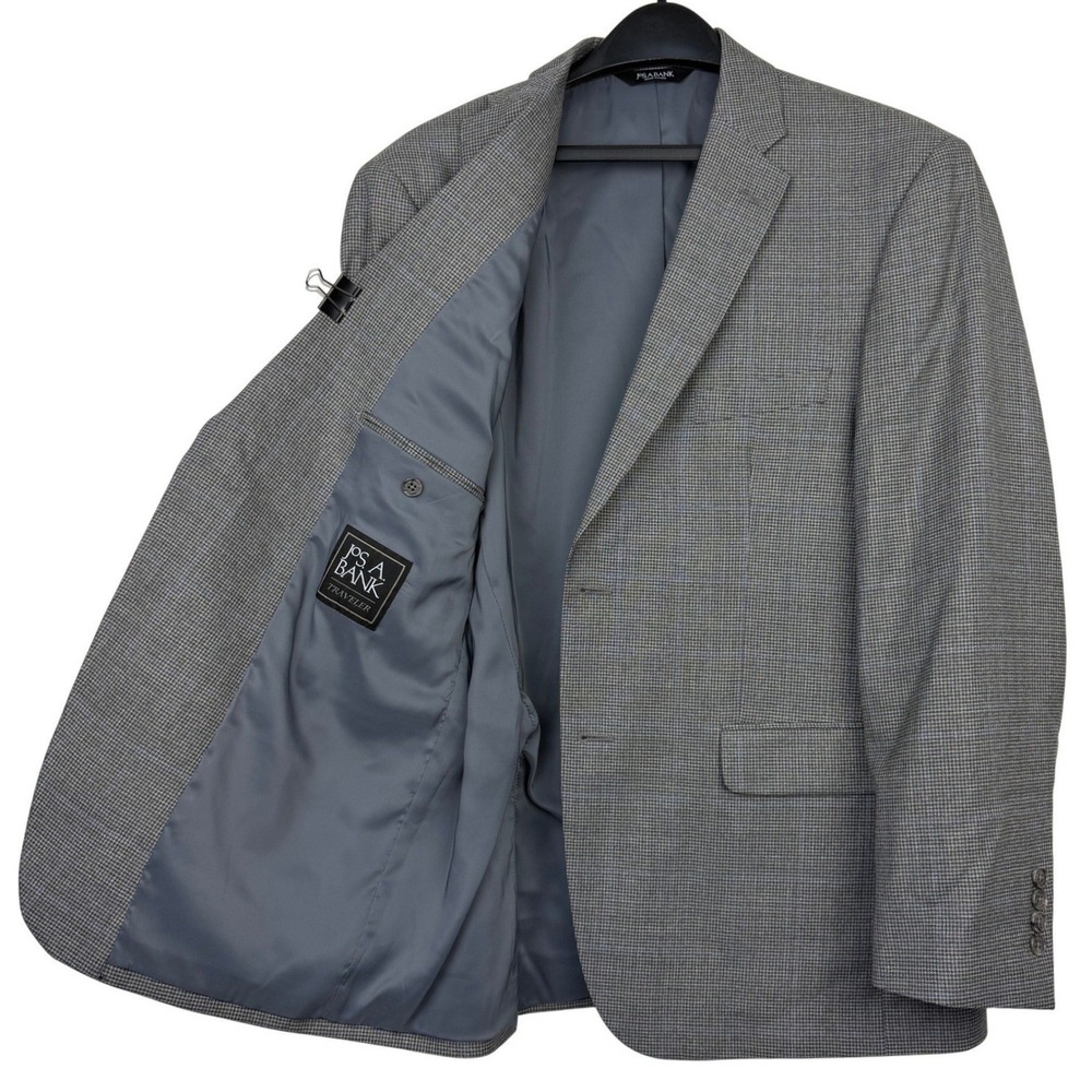 Jos A Bank Traveler Mens 43R WOOL Blazer Sport Coat Jacket Grey Blue HOUNDSTOOTH